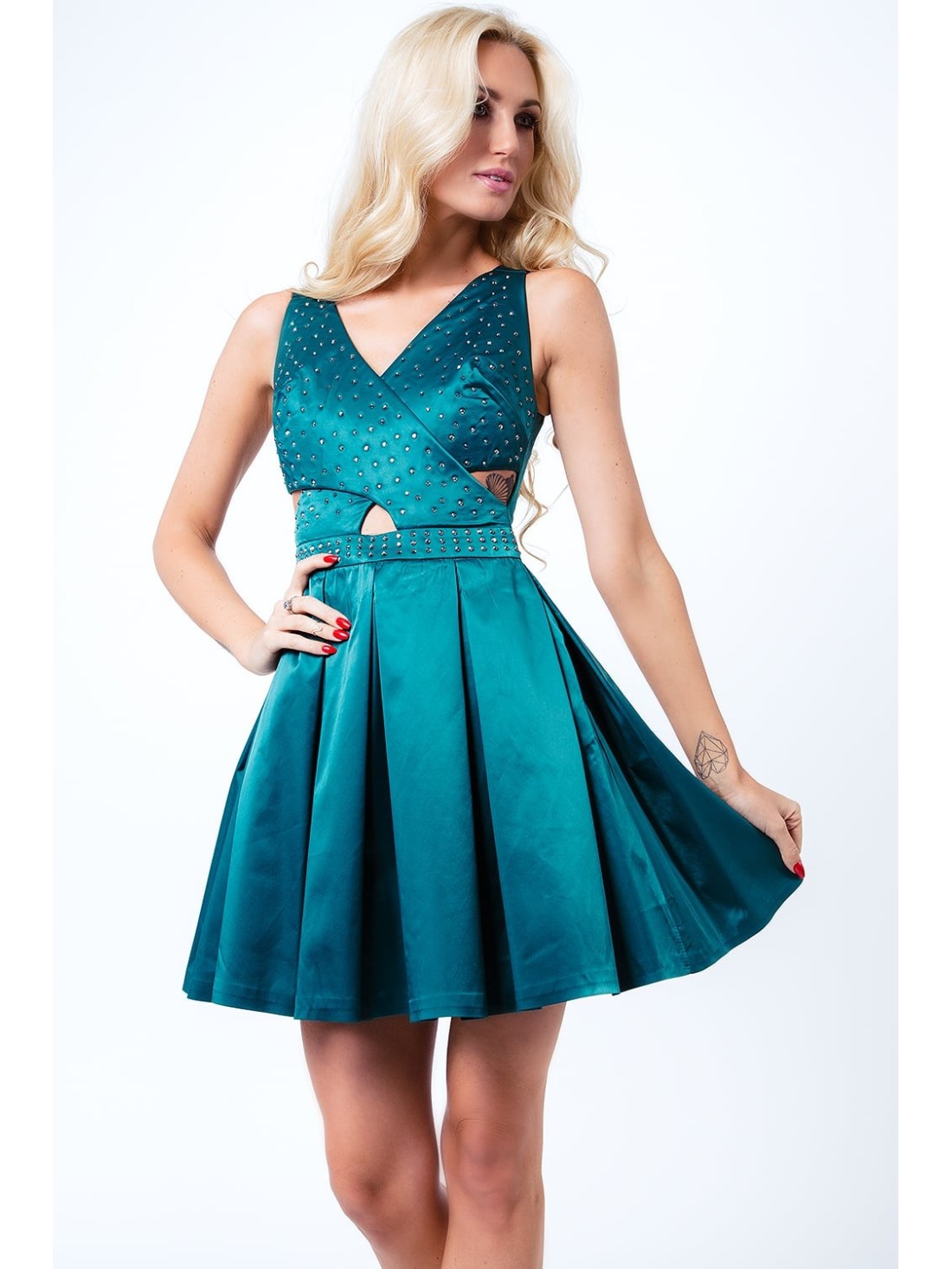 Kleid mit Ziersteinen, grün G50111 - Online-Shop - Boutique